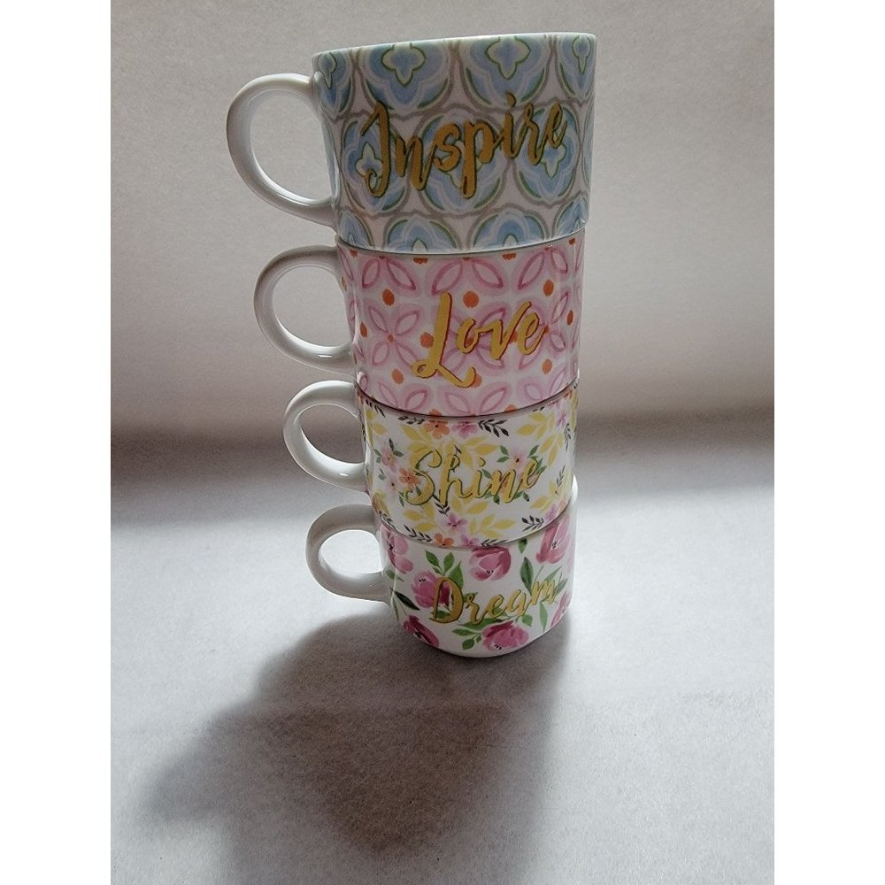 Pier One 4 Stacking Inspirational Word Mugs *LOVE, INSPIRE, DREAM, SHINE*